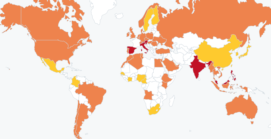 La carte interactive de la Team France Export sur l’impact du COVID-19 dans 60 pays